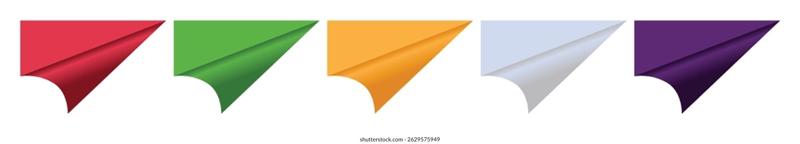 Set of realistic blank folded corner ribbon vectors in red, green, yellow, silver, and purple. Ideal for web banners, product tags, promotions, and highlight markers.