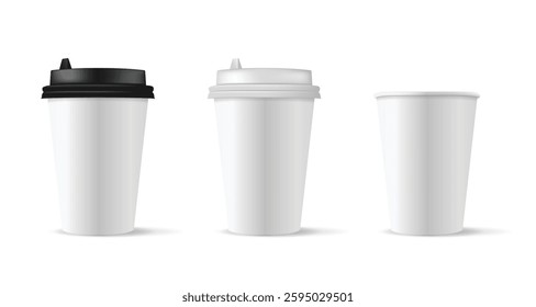 Set of realistic blank mock up 3d paper cups with plastic lid. Coffee to go, take out mug. Vector illustration isolated and can be use for any backgrounds.