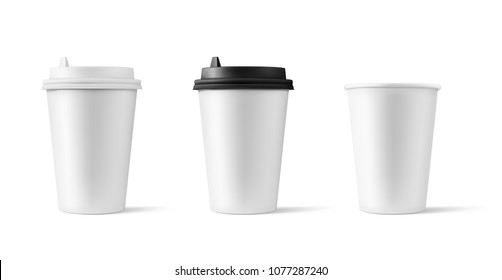 Set of realistic blank mock up paper cups with plastic lid. Coffee to go, take out mug. Vector illustration isolated and can be use for any backgrounds. EPS10.