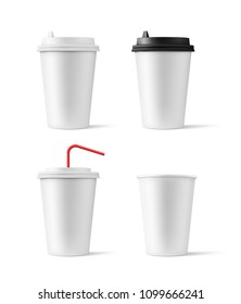 Set of realistic blank mock up paper cups with plastic lid. Coffee to go, take out mug. Vector illustration isolated and can be use for any backgrounds. EPS10.