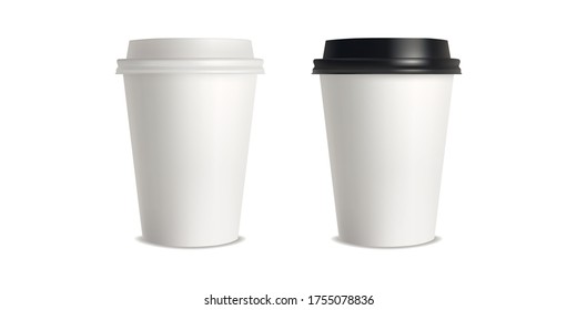 Set of realistic blank mock up paper cups with plastic lid. Coffee to go, take out mug. Vector illustration.