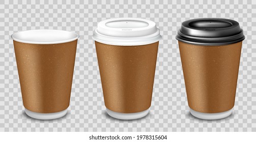 Set of realistic blank mock up paper cups with plastic lid. Coffee to go, take out mug. Vector 3D illustration isolated and can be use for any backgrounds.