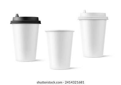 Set of realistic blank mock up paper cups with plastic lid. Coffee to go, take out mug. Vector illustration isolated and can be use for any backgrounds. EPS10.