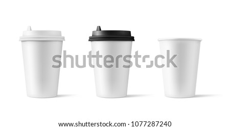 Set of realistic blank mock up paper cups with plastic lid. Coffee to go, take out mug. Vector illustration isolated and can be use for any backgrounds. EPS10.