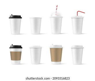 Set of realistic blank mockup paper cups with plastic lid. Coffee to go, take out mug. Vector illustration isolated and can be use for any backgrounds. EPS10.