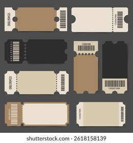 Set of realistic blank mockup for ticket, coupon, voucher, boarding airplane, theatre or cinema seats. Vector designe template