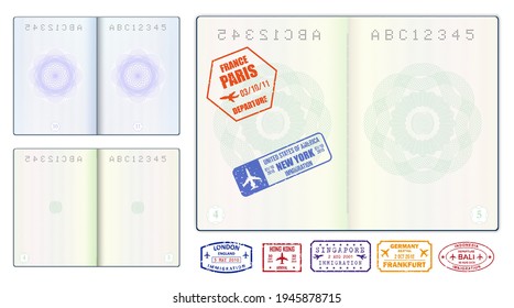 Set Of Realistic Blank Passport Pages Or Empty Passport With Watermark And Stamps Or Open Foreign Passport Pages. 
