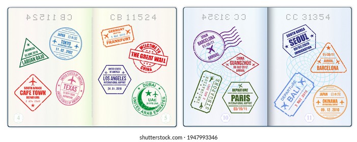 Set Of Realistic Blank Passport Pages Or Empty Passport With Watermark And Stamps Or  Open Foreign Passport Pages. 