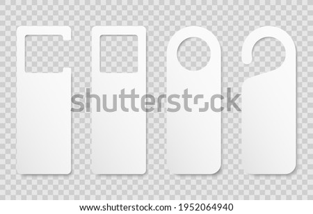 Set of realistic blank private door tag isolated on transparent background. Plastic paper door handle lock hangers. Do Not Disturb. Template design for room in hotel, hostel, resort, home. Vector
