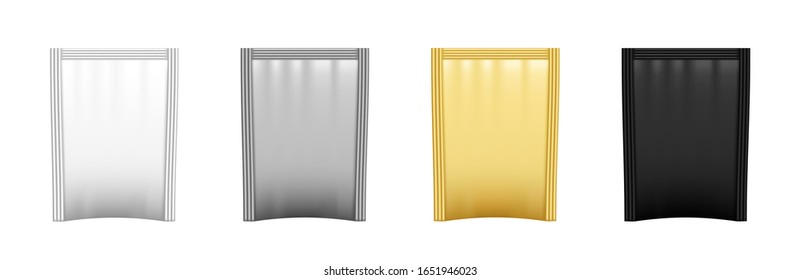 Set of realistic blank sachets isolated on white background. Vector pack mockup for product design and branding. Blank food, medicine and cosmetics foil or plastic package template