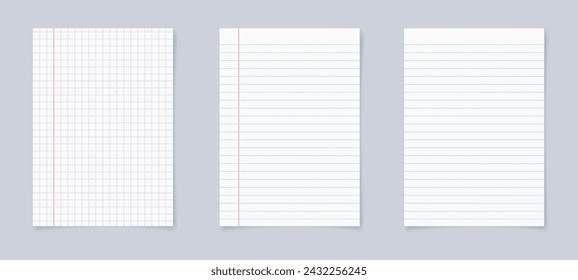 Set of realistic blank sheets of square and lined paper. notepad notebook mockups. School notepad notebook. vector illustration.