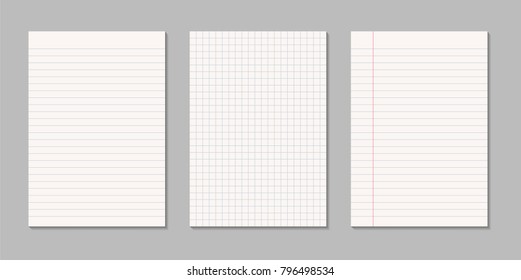 Set Of Realistic Blank Sheets Of Square And Lined Paper - Vector Isolated On Gray Background