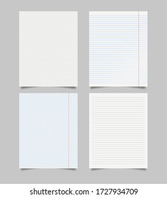 Set of realistic blank squared and lined paper sheets . Realistic paper sheet of lines and squares notepad pages set isolated on grey background. Vector illustration eps 10