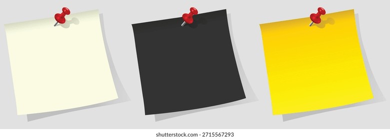 Un conjunto de notas adhesivas en blanco realistas en negro, amarillo y beige con alfileres, perfectas para avisos de negocios, tareas y objetivos de planificación de oficinas
