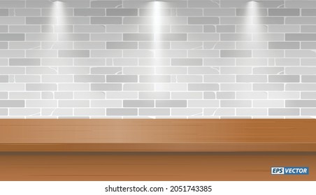 set of realistic blank table mock up with wall background or blank desk with down light or mock up table exhibition concept. eps vector