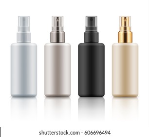 Set with realistic blank templates of plastic spray bottles. Mockup of cosmetic packages - empty and clean plastic containers: moisture lotion, essence or cream. Vector illustration isolated on white