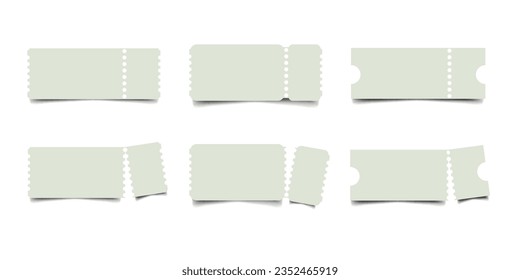 Set of realistic blank ticket paper templates. Ticket mockup and torn ticket design with shadow effect