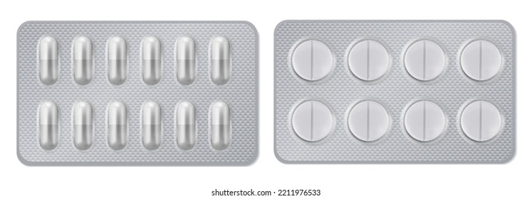 Set of realistic blisters for pills. Medicinal capsules and tablets in a blister pack. Vector illustration