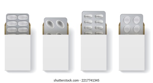 Set von realistischen Blisterpackungen für Pillen. Kapseln und Tabletten in einer Blisterpackung. Vektorgrafik