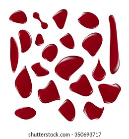 Set of realistic blood drops. Vector illustration of assorted red ink splatters. Crimson dots with gradients and highlights. Custom shapes and colours. Abstract texture for your design and business.