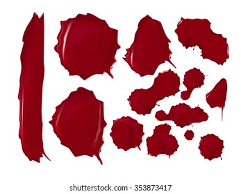 Set of realistic blood drops. Vector illustration of assorted red ink splatters. Crimson dots with gradients and highlights. Custom shapes and colours. Abstract texture for your desing and business.