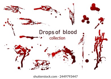 Conjunto de salpicaduras de sangre realista. Gota y gota de sangre. Manchas de sangre. Aislado. Ilustración vectorial de gotas de tinta sangrienta sobre fondo blanco.