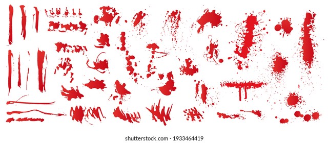 Set of realistic bloody splatters. Drop and blob of blood. Bloodstains. Isolated. Vector illustration of bloody ink drips on white background.