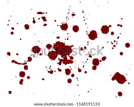 Set of realistic bloody splatters. Drop and blob of blood. Bloodstains. Red puddles. Vector illustration isolated on white background. 
