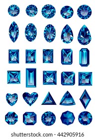 Set of realistic blue amethyst jewels isolated on white background with different cuts. Princess cut jewel. Round cut jewel. Emerald cut jewel. Oval cut jewel. Pear cut jewel . Heart cut jewel.