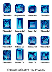 Set of realistic blue amethysts with rectangle cuts isolated on white background. Jewel and jewelry. Colorful gems and gemstones. Princess, sunflower, asscher, baguette, square, octagon, radiant
