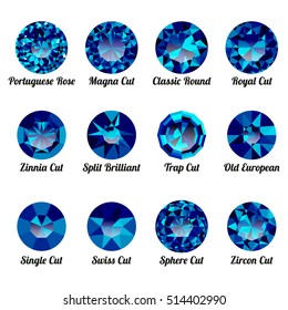 Set of realistic blue amethysts with round cuts isolated on white background. Jewel and jewelry. Colorful gems and gemstones. Magna, classic round, royal, zinnia, trap, single, swiss, sphere, zircon
