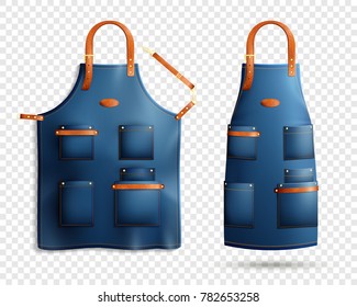 Set of realistic blue aprons with pockets, leather loop and belt isolated on transparent background vector illustration