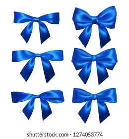 Set of Realistic blue bows. Element for decoration gifts, greetings, holidays, Valentines Day design. Vector illustration.