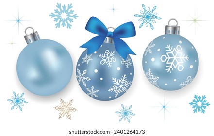 Set of realistic blue Christmas balls with snowflakes. Vector Christmas decorations.