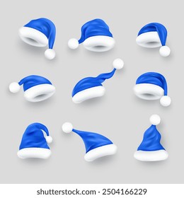 Set of realistic blue Christmas Santa Claus hats with white fur. New Year winter cup collection.