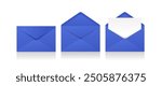 Set of realistic blue envelopes in different positions. Folded and unfolded envelope backpack isolated