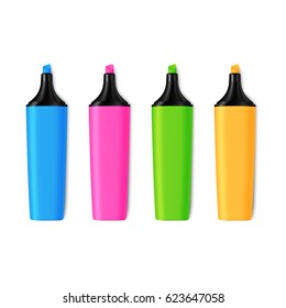 Set of Realistic Blue, Green, Pink, Yellow, Markers. Isolated Office Supplies Colorful Highlighters.