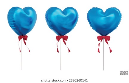 Set of realistic blue heart balloons with red rbbon isolated on background. Helium blue heart balloons clipart for anniversary, birthday, wedding, Christmas, card  party. 3D vector illustration