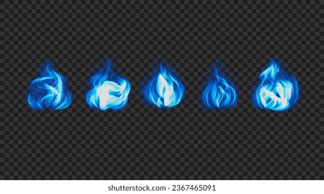 Set of realistic blue magic flame. Vector illustration. Swirl luminous bonfires isolated on transparent backdrop