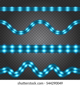 Set of realistic blue neon or led glowing light stripes on transparent background. Horizontal seamless objects.