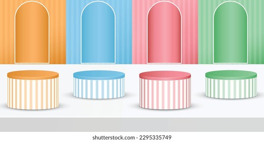 Set of realistic blue, pink, yellow and green cylinder pedestal podium with line seamless pattern in background for scene show product display. 3D