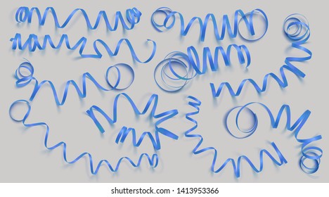 Set of realistic blue ribbons on grey background. Can be used for greeting card, holidays, banners, gifts and etc. Vector illustration.