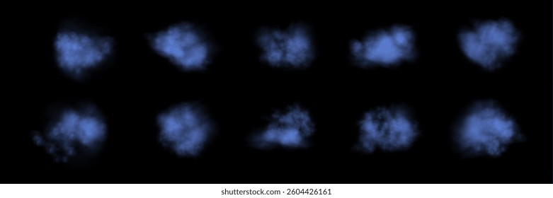 Set of realistic blue smokes or haze on a black background. Magic fog, vapor. Vector illustration