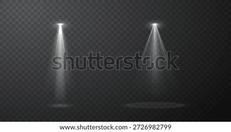 Set of realistic blue spotlight beams isolated on transparent vector background, stage lighting effects with glow and light rays for concert, show, presentation, cinema, event design composition.