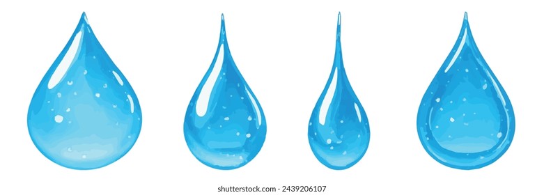 Set of realistic blue water drops. Isolated different shapes of water drops on transparent background, vector illustration.