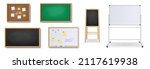 Set of realistic boards. Black and green chalkboards for school or restaurant, white flip chart, magnetic board and cork board for pinning notes. 3d vector illustration