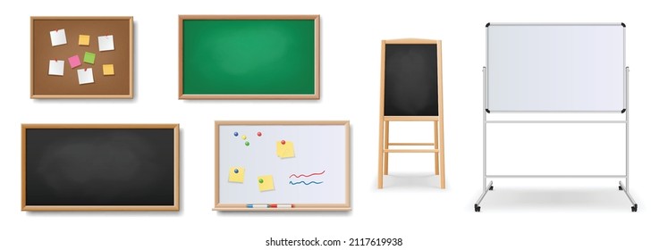 Set of realistic boards. Black and green chalkboards for school or restaurant, white flip chart, magnetic board and cork board for pinning notes. 3d vector illustration - Shutterstock ID 2117619938