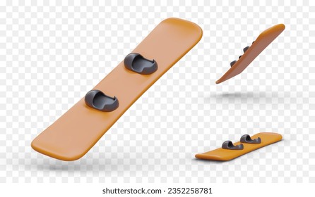 Set of realistic boards for snowboarding. Deck with binding foot pads. View from top, side, bottom. Color isolated vector illustration. Equipment for winter sports