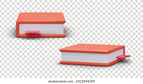 Set of realistic books with bookmark in red color in different positions. Poster with products for book or stationery store concept. Colorful vector illustration in cartoon style