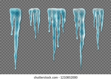 Set of realistic borders with snow icicles on transparent background. Elements for christmas design, vector illustration